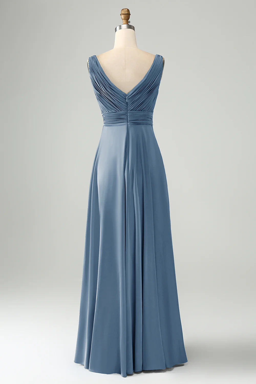 A Line V Neck Cut Out Pleated Satin Long Bridesmaid Dress