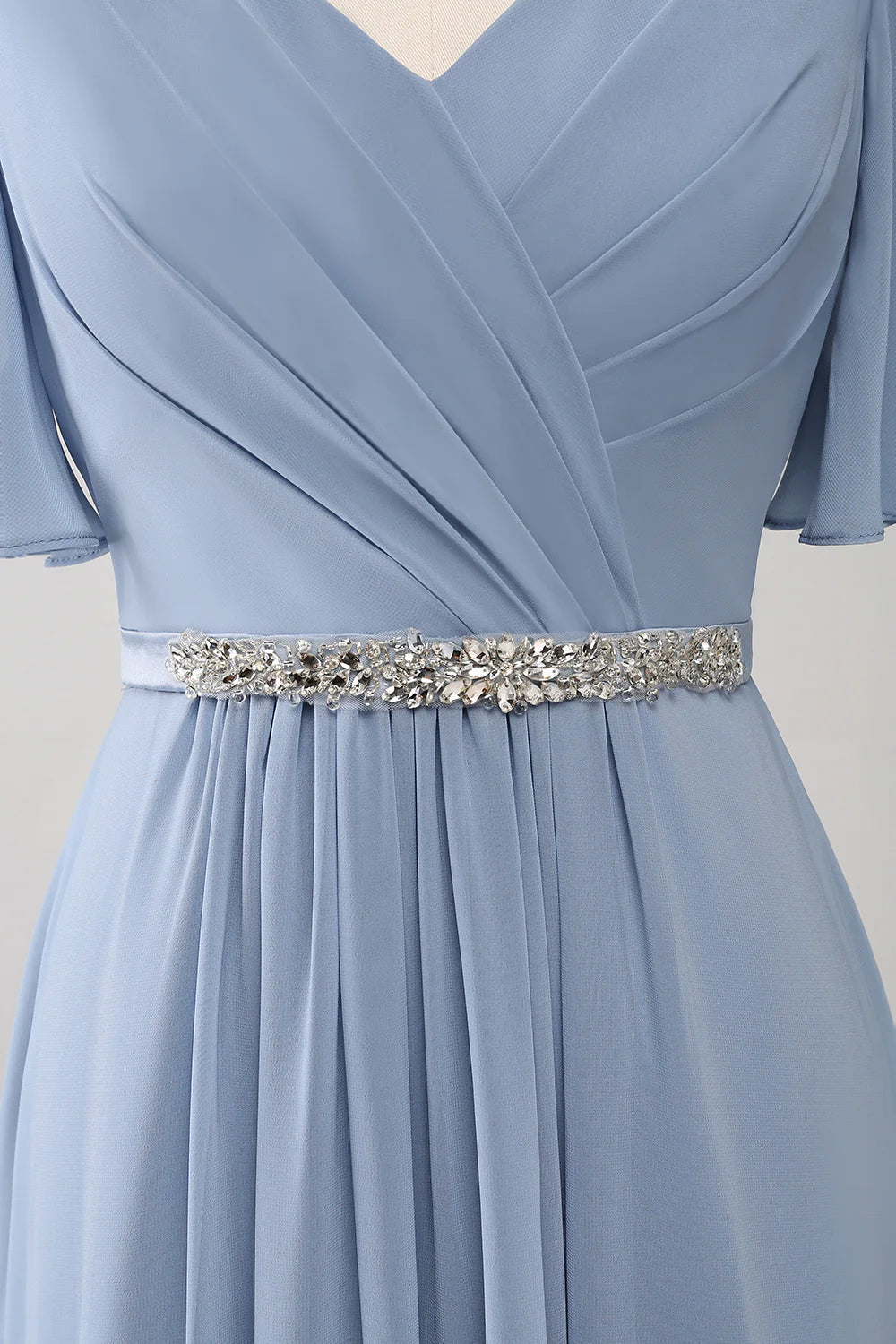 A Line V Neck Chiffon Floor Length Dusty Blue Bridesmaid Dress