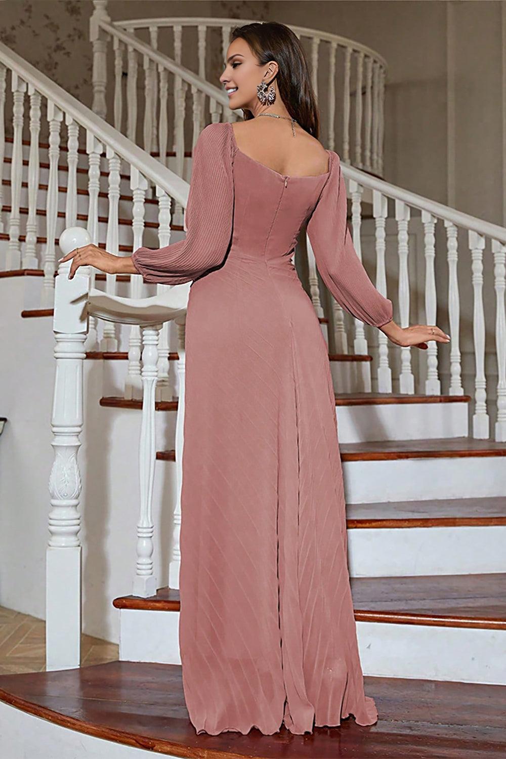 Dusty Rose Sheath Long Sleeves Pleated Mother of the Bride Dress with Beading