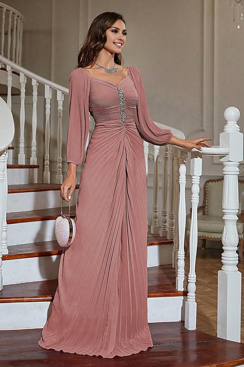 Dusty Rose Sheath Long Sleeves Pleated Mother of the Bride Dress with Beading