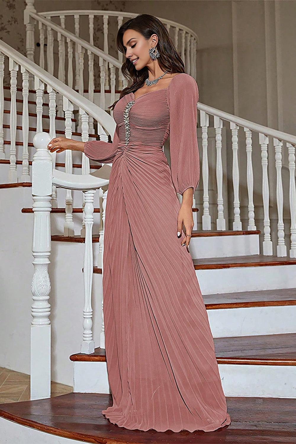 Dusty Rose Sheath Long Sleeves Pleated Mother of the Bride Dress with Beading