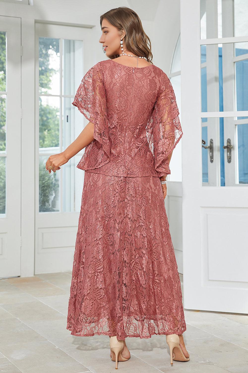 A Line Round Neck Floor Length Lace Dusty Rose Mother of the Bride Dress