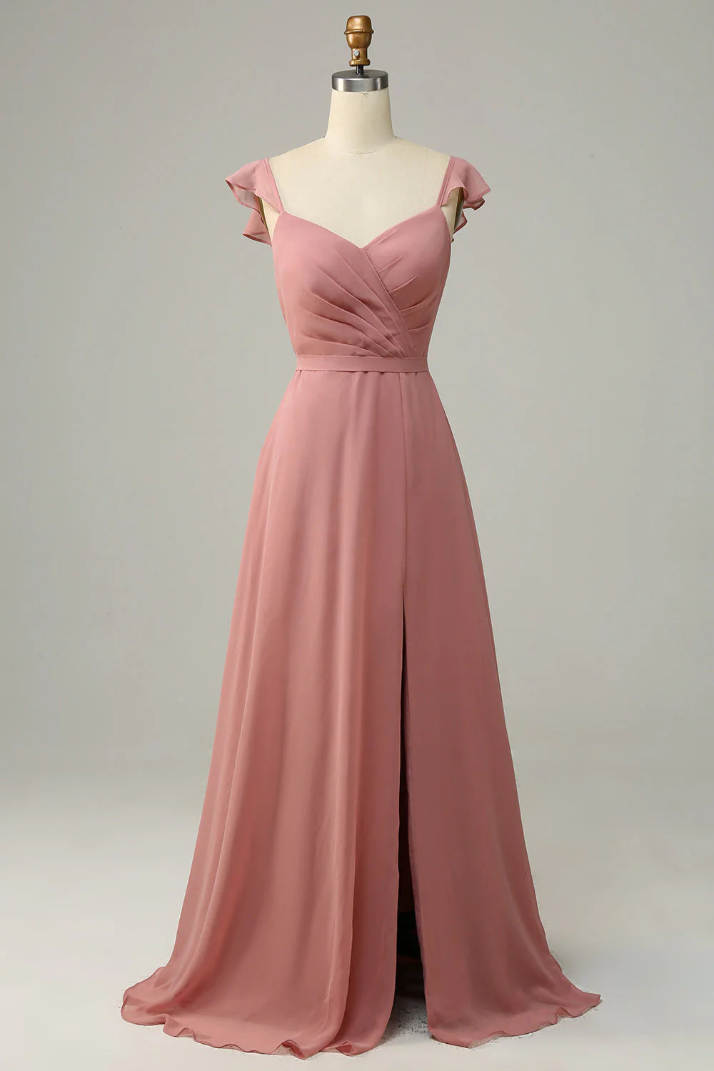 A Line Ruffles Long Chiffon Bridesmaid Dress With Slit