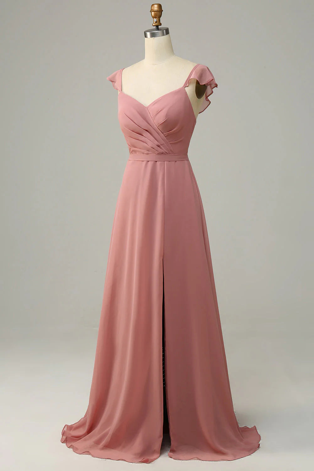 A Line Ruffles Long Chiffon Bridesmaid Dress With Slit