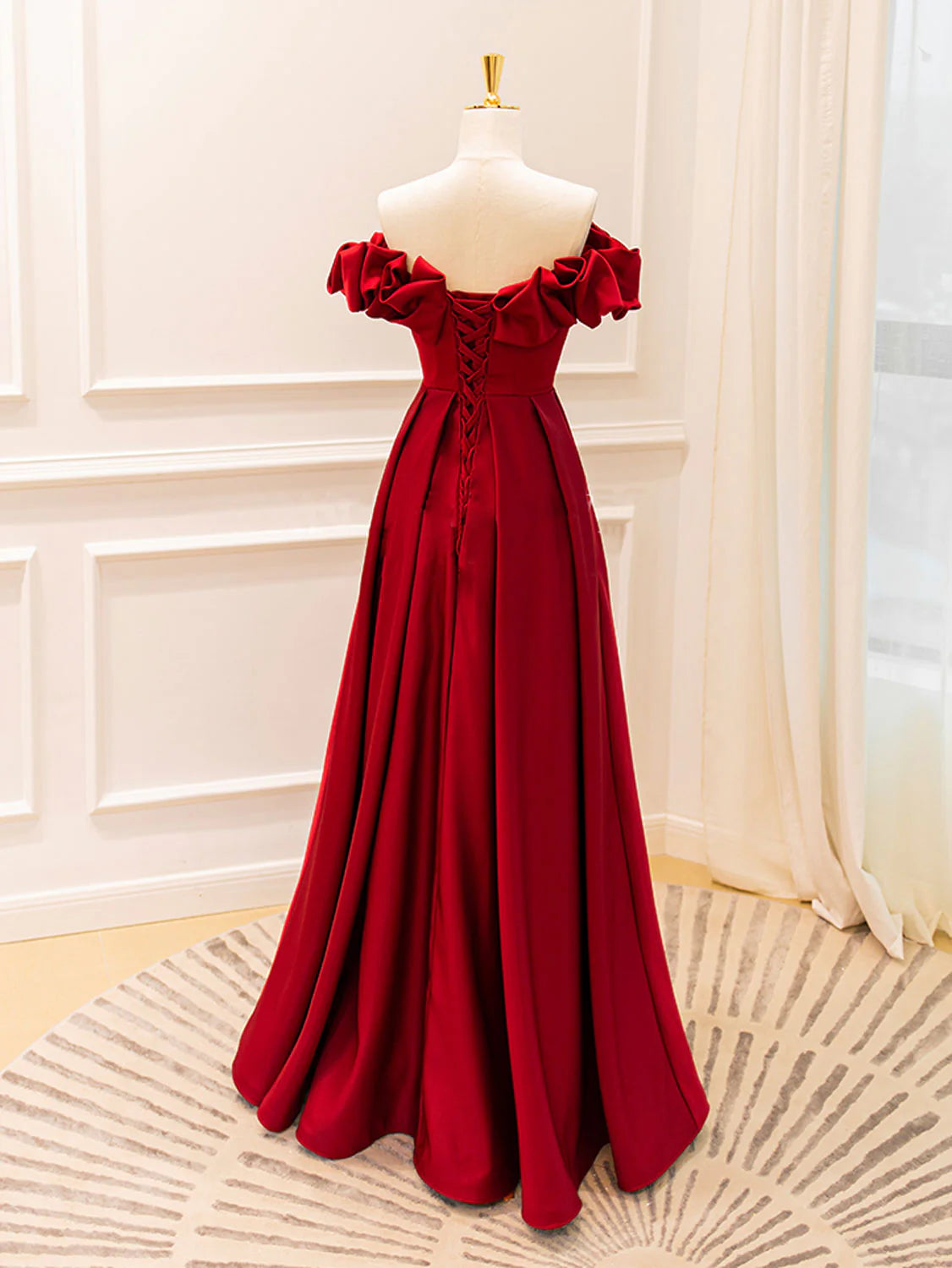 A-Line Off Shoulder Satin Burgundy Long Evening Dress Burgundy Evening Dresses