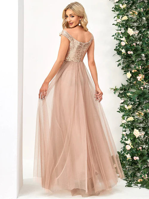 A-line sequin sexy and elegant off shoulder Maxi sheer formal evening dress
