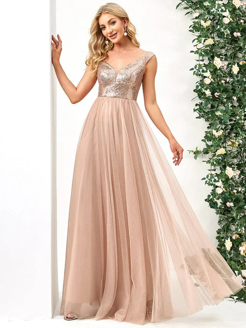 A-line sequin sexy and elegant off shoulder Maxi sheer formal evening dress