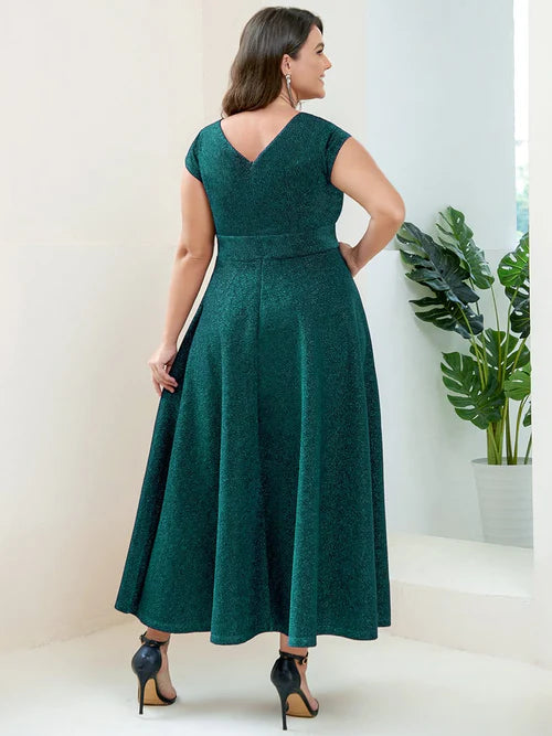 Plus size slim fit pleated A-line hat sleeve V-neck evening dress