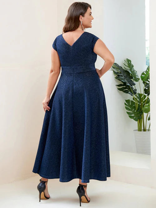 Plus size slim fit pleated A-line hat sleeve V-neck evening dress