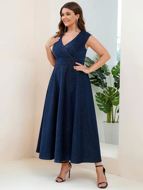 Plus size slim fit pleated A-line hat sleeve V-neck evening dress