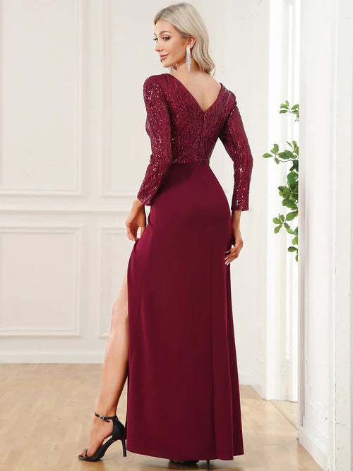 Sexy sequin long sleeved V-neck high slit evening dress