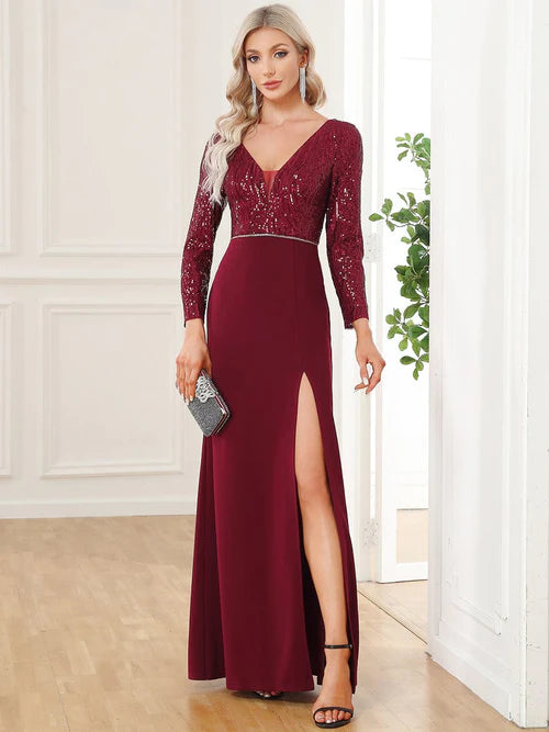 Sexy sequin long sleeved V-neck high slit evening dress