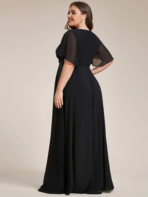 Plus size floral slim fit decal short sleeved A-line chiffon formal evening dress