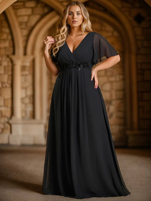 Plus size floral slim fit decal short sleeved A-line chiffon formal evening dress