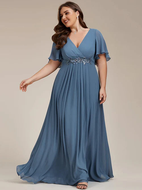 Plus size floral slim fit decal short sleeved A-line chiffon formal evening dress
