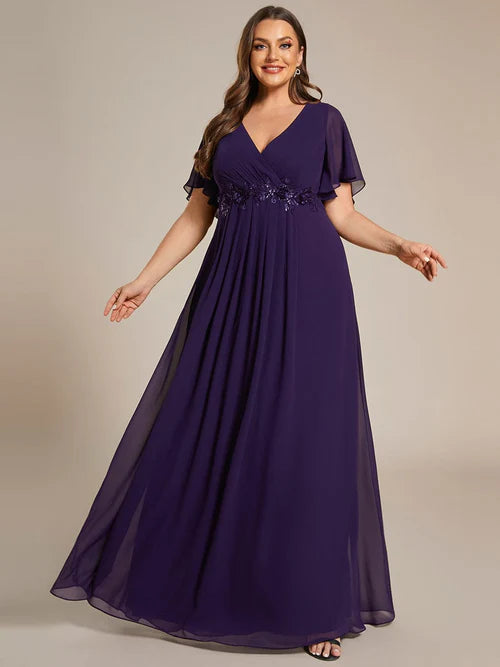 Plus size floral slim fit decal short sleeved A-line chiffon formal evening dress