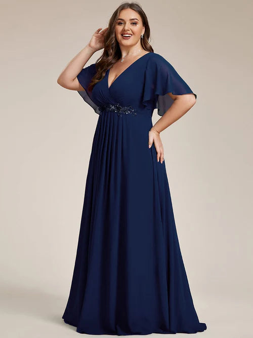 Plus size floral slim fit decal short sleeved A-line chiffon formal evening dress