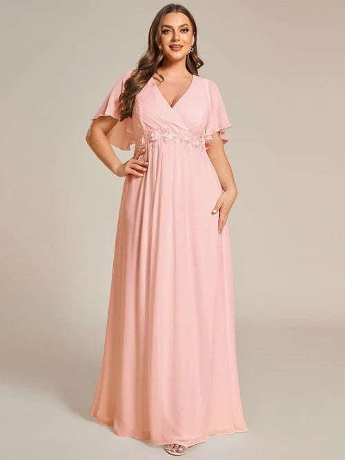 Plus size floral slim fit decal short sleeved A-line chiffon formal evening dress