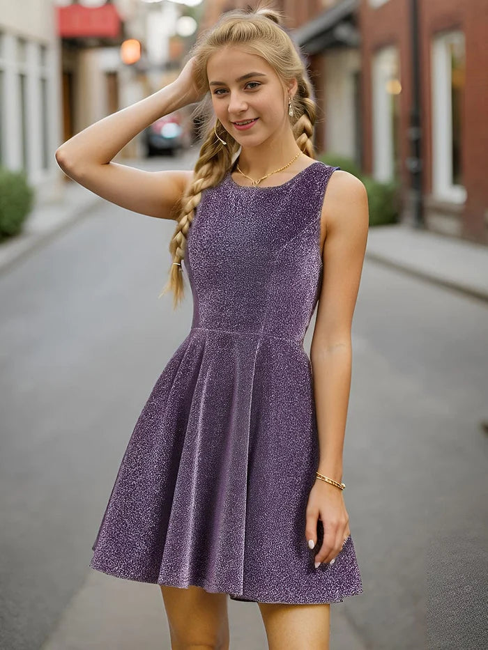 Sparkling round neck sexy elegant high-end color sleeveless return to school short dress