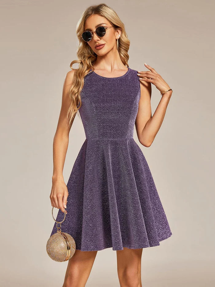 Sparkling round neck sexy elegant high-end color sleeveless return to school short dress