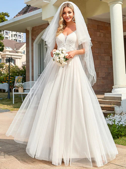 Elegant Tulle Flower Italian Noodle Strap Phantom V-neck A-line Wedding Dress