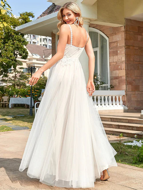 Elegant Tulle Flower Italian Noodle Strap Phantom V-neck A-line Wedding Dress