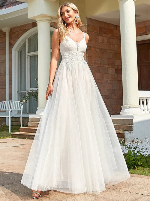 Elegant Tulle Flower Italian Noodle Strap Phantom V-neck A-line Wedding Dress