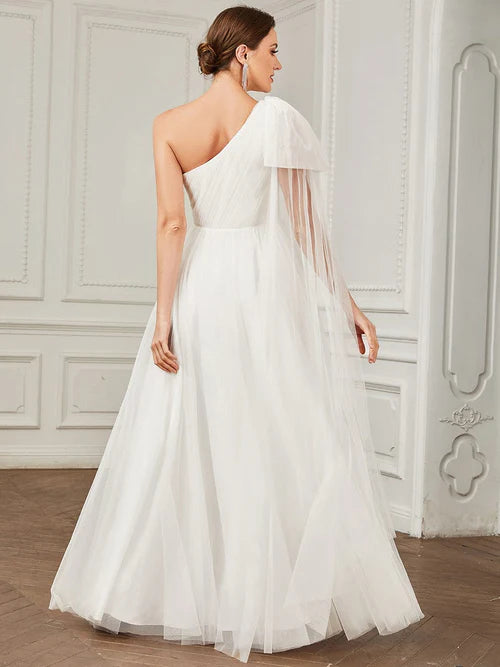 Sexy Asymmetric Lace up Sleeves Waist Wrapped Layered Tulle A-line Wedding Dress