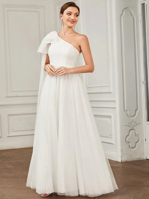 Sexy Asymmetric Lace up Sleeves Waist Wrapped Layered Tulle A-line Wedding Dress