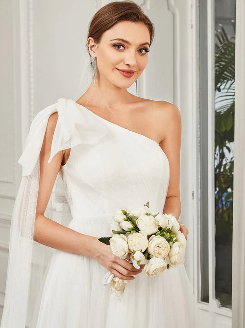 Sexy Asymmetric Lace up Sleeves Waist Wrapped Layered Tulle A-line Wedding Dress