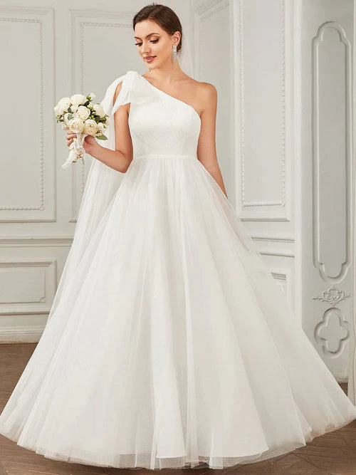 Sexy Asymmetric Lace up Sleeves Waist Wrapped Layered Tulle A-line Wedding Dress