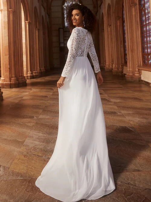 Elegant lace long sleeved eyelash edge tight fitting mermaid chiffon wedding dress