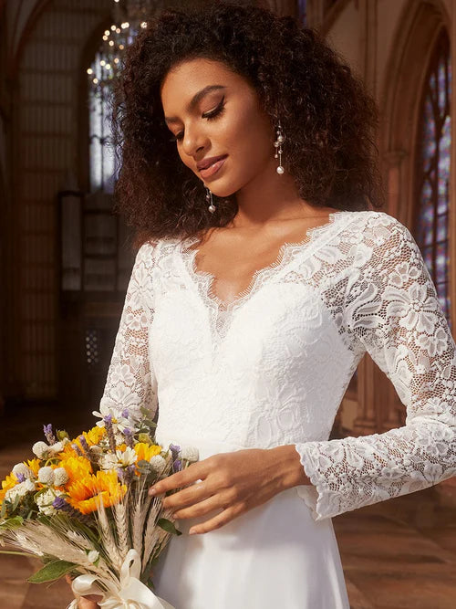 Elegant lace long sleeved eyelash edge tight fitting mermaid chiffon wedding dress