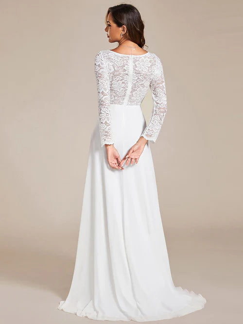 Elegant lace long sleeved eyelash edge tight fitting mermaid chiffon wedding dress