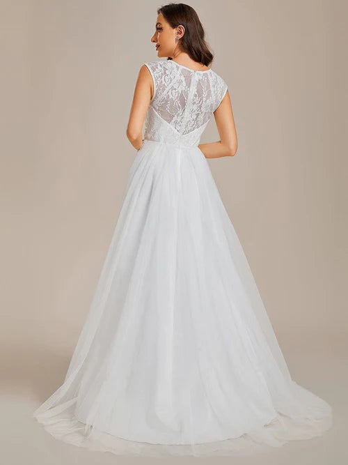 Sleeves sexy perspective round neck lace embroidery formal wedding dress