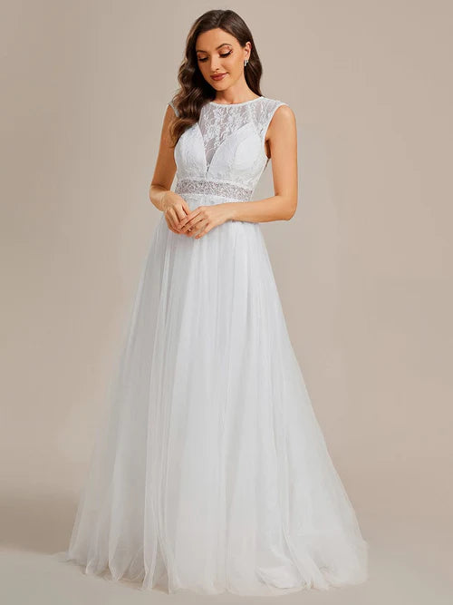Sleeves sexy perspective round neck lace embroidery formal wedding dress