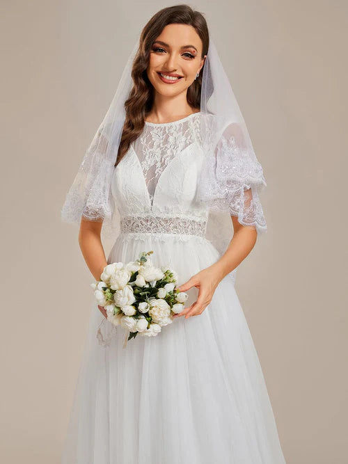 Sleeves sexy perspective round neck lace embroidery formal wedding dress