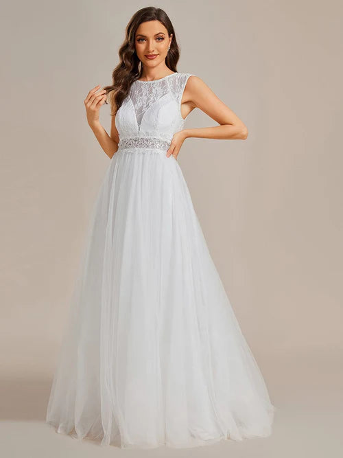 Sleeves sexy perspective round neck lace embroidery formal wedding dress