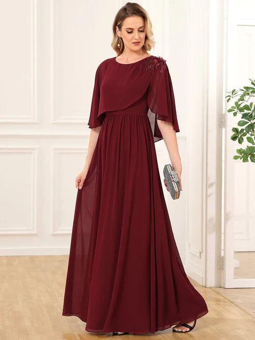 Slim fit round neck A-line chiffon cape, bride mother dress