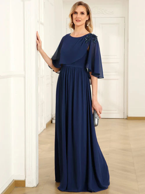Slim fit round neck A-line chiffon cape, bride mother dress