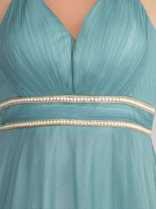 Elegant plus size V-neck high and low hem pleated sheer ball dress