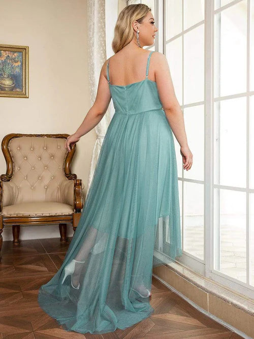 Elegant plus size V-neck high and low hem pleated sheer ball dress