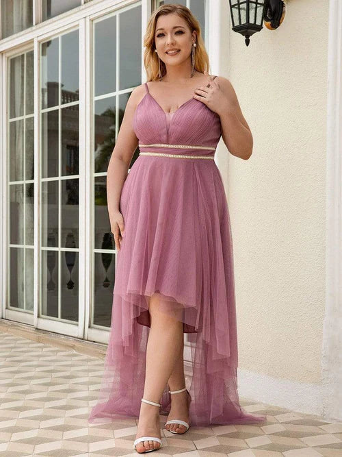 Elegant plus size V-neck high and low hem pleated sheer ball dress