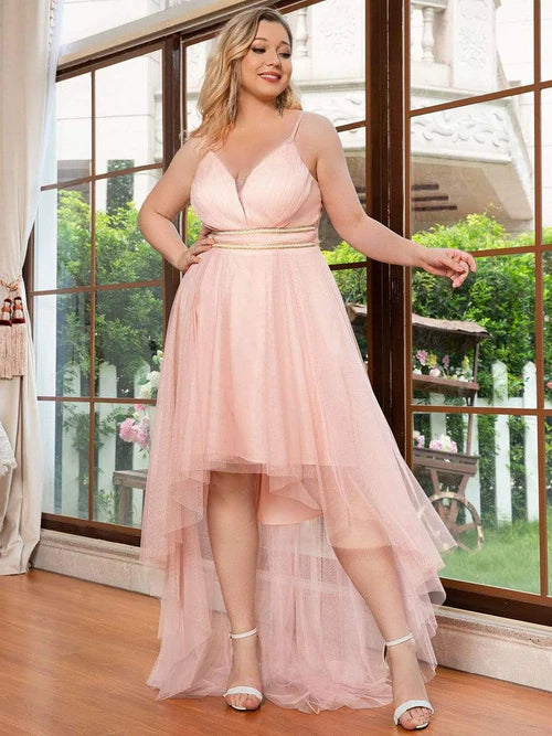 Elegant plus size V-neck high and low hem pleated sheer ball dress