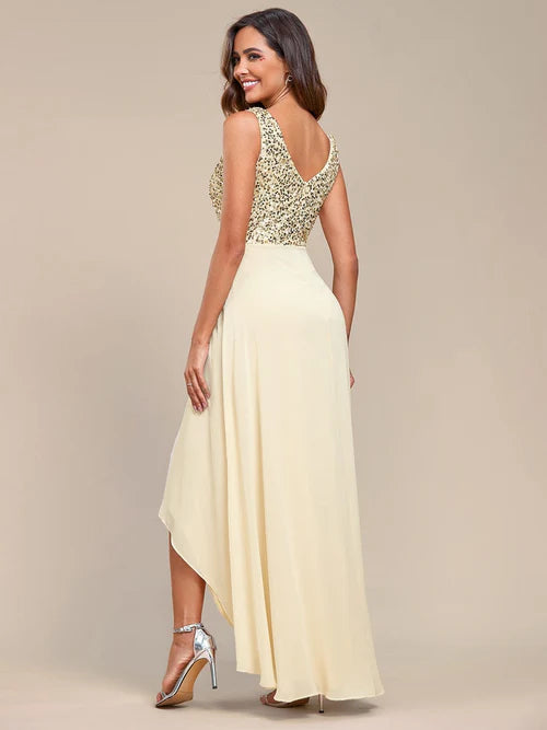Sexy slim fitting elegant high and low Maxi chiffon sequin evening gown
