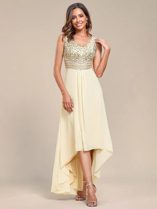 Sexy slim fitting elegant high and low Maxi chiffon sequin evening gown