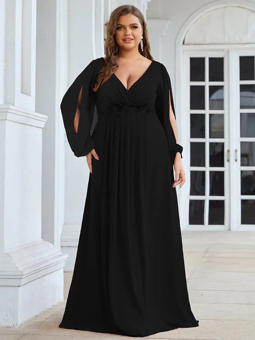 Fashion Plus Size Chiffon Formal Evening Dress Long Sleeves Lantern Sleeves