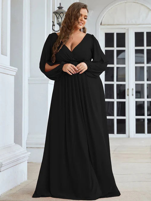 Fashion Plus Size Chiffon Formal Evening Dress Long Sleeves Lantern Sleeves