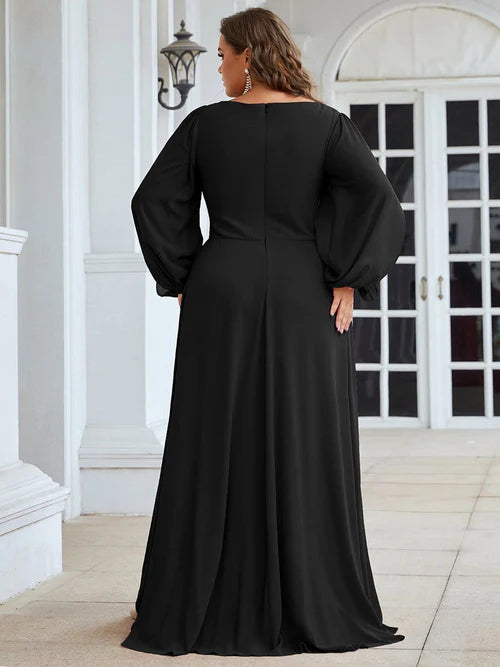Fashion Plus Size Chiffon Formal Evening Dress Long Sleeves Lantern Sleeves