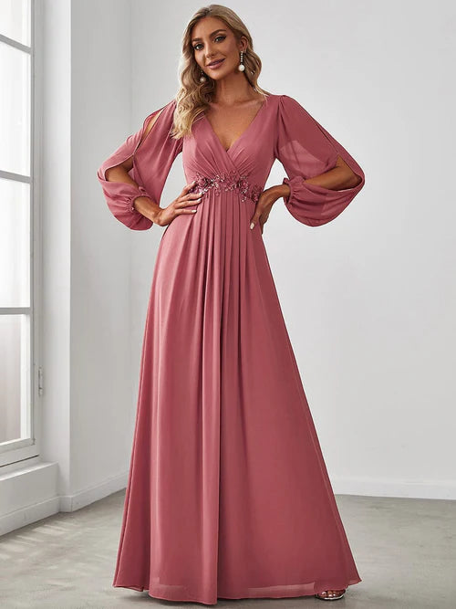 Elegant and Beautiful Chiffon V-neck Long sleeved Formal Cocktail Ball Evening Dress
